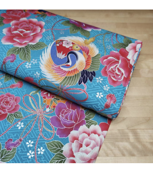Japanese fabric Grullas and Fujisan in turquoise.