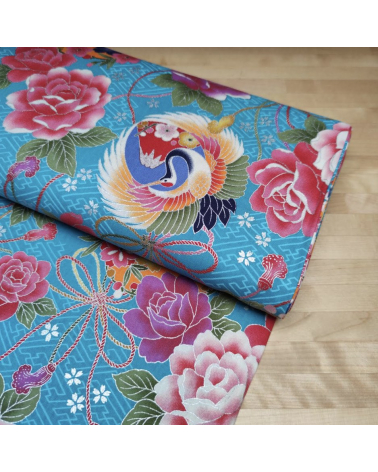 Japanese fabric Grullas and Fujisan in turquoise.