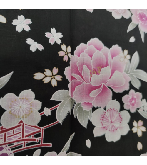 Jinbei japonés de mujer negro con peonías en rosa