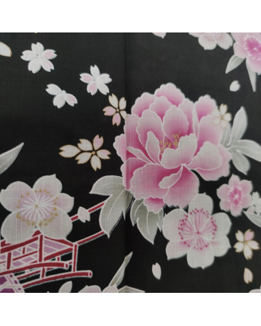Jinbei japonés de mujer negro con peonías en rosa