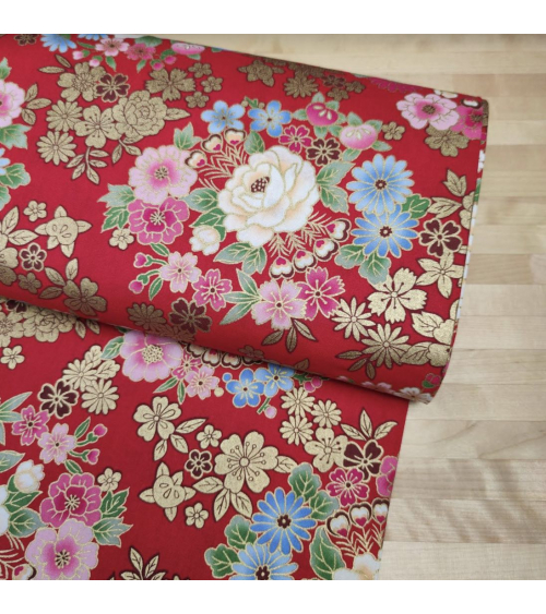 Japanese fabric with multicolor flowers on red.