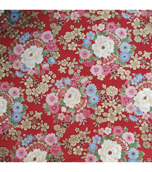Tela japonesa de Flores multicolores sobre rojo.