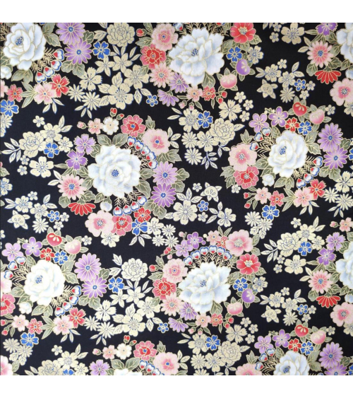 Tela japonesa de Flores multicolores sobre negro.
