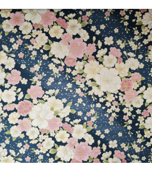 Tela japonesa en Satin de algodón "Hanafubuki" (Lluvia de pétalos) en azul petróleo.