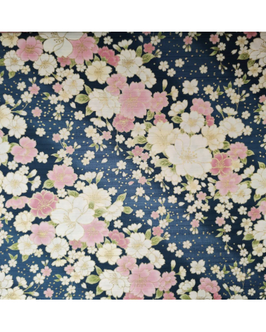 Tela japonesa en Satin de algodón "Hanafubuki" (Lluvia de pétalos) en azul petróleo.