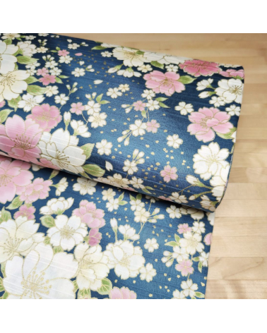 Japanese cotton satin slub fabric "Hanafubuki" in petrol blue.