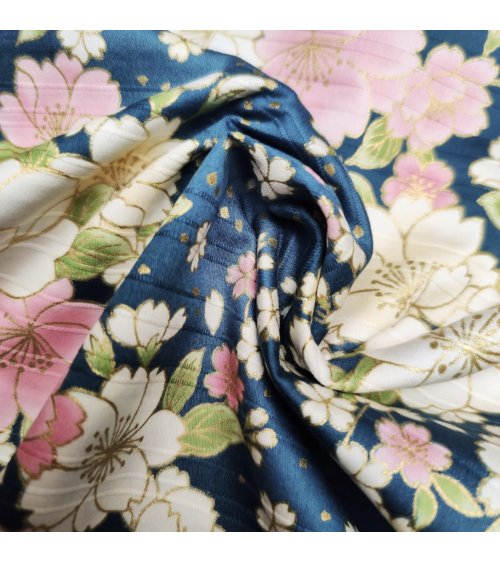 Japanese cotton satin slub fabric "Hanafubuki" in petrol blue.