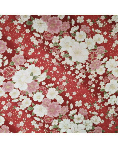 Tela japonesa en Satin de algodón "Hanafubuki" (Lluvia de pétalos) en rojo.