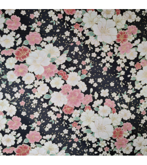 Tela japonesa en Satin de algodón "Hanafubuki" (Lluvia de pétalos) en negro.