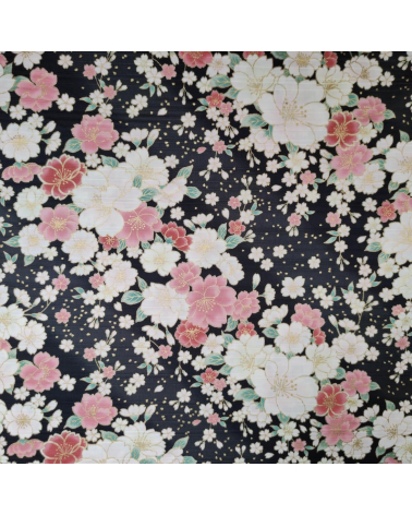 Tela japonesa en Satin de algodón "Hanafubuki" (Lluvia de pétalos) en negro.