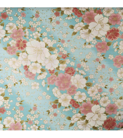 Tela japonesa en Satin de algodón "Hanafubuki" (Lluvia de pétalos) en azul claro.