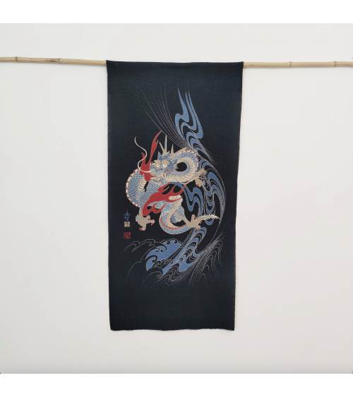 Mural panel "Dragon" (Ryu) 110X50cm in rustic indigo blue.