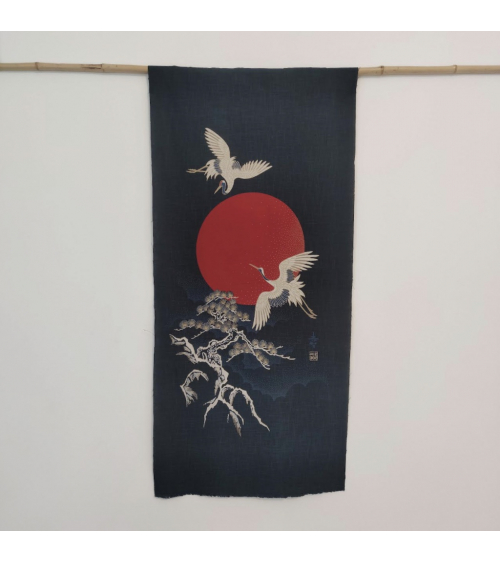 Mural panel "Cranes and rising sun" in rustic indigo blue