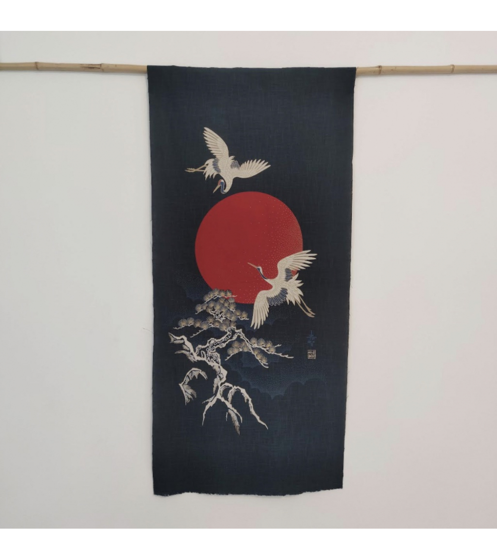 Mural panel "Cranes and rising sun" in rustic indigo blue