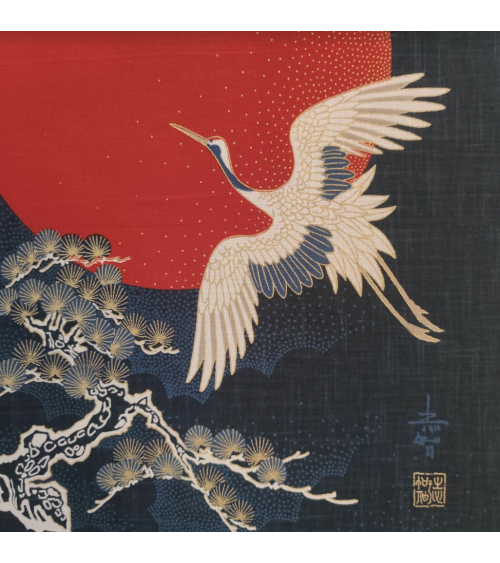 Mural panel "Cranes and rising sun" in rustic indigo blue