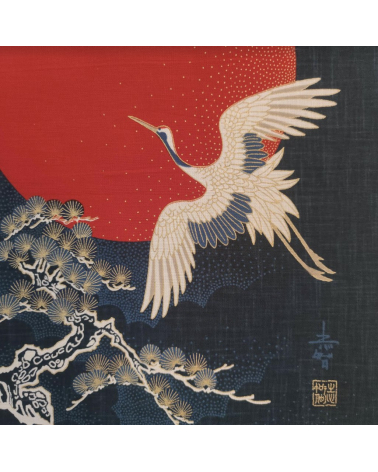 Mural panel "Cranes and rising sun" in rustic indigo blue