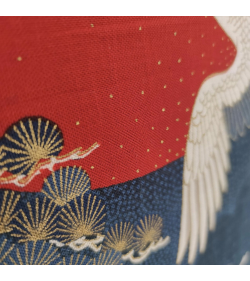 Mural panel "Cranes and rising sun" in rustic indigo blue