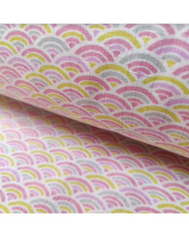 Tela japonesa en dobby de algodón "Seigaiha" en rosa y amarillo.