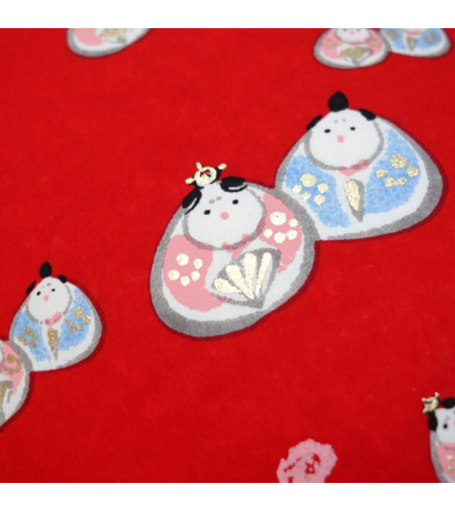 Papel japonés chiyogami hinamatsuri emperador y emperatriz sobre fondo rojo