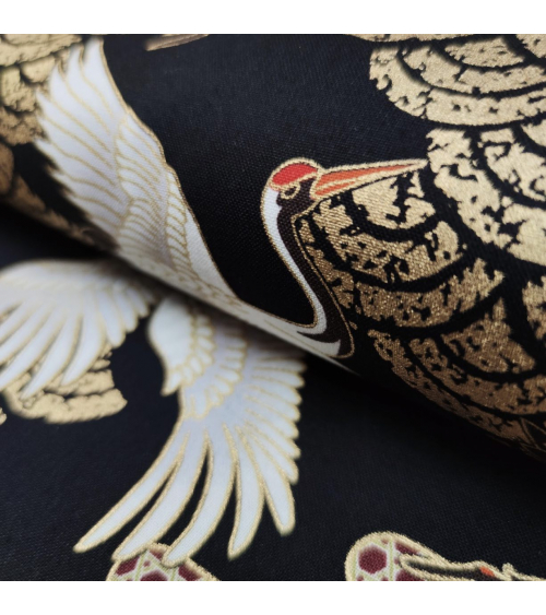 Japanese fabric. Flying Cranes and Clouds over black.
