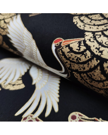 Japanese fabric. Flying Cranes and Clouds over black.