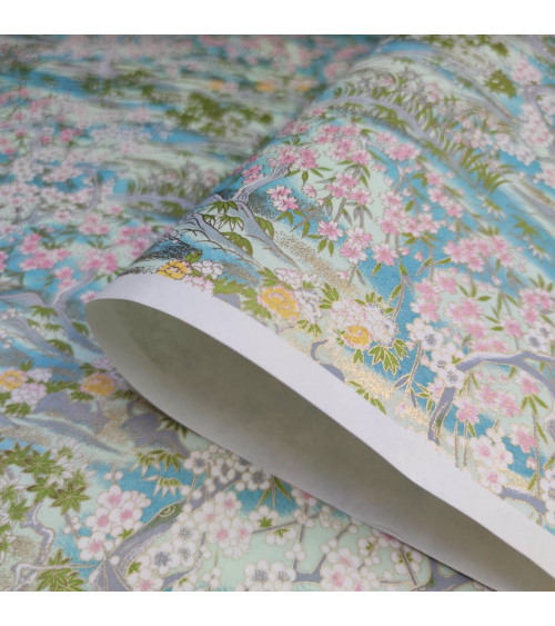 Papel Chiyogami Paisaje de Primavera en azules