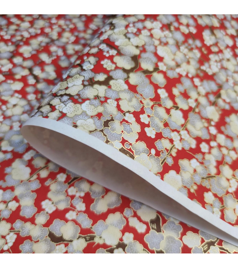 Chiyogami paper with grey and ivory ume on red
