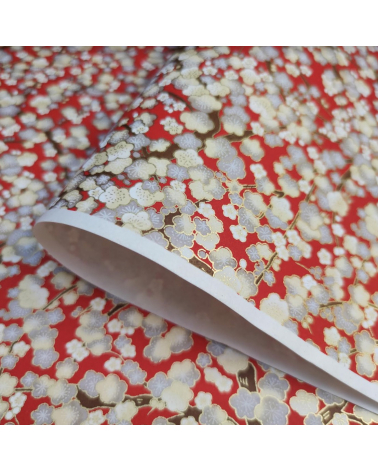 Chiyogami paper with grey and ivory ume on red