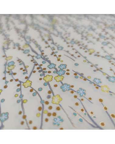 Chiyogami paper of yellow and mint flowers over vanilla yellow