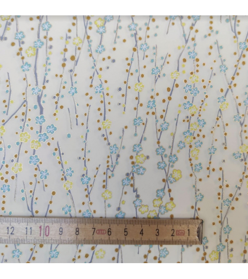 Chiyogami japonés de flores amarillo y mint sobre vainilla