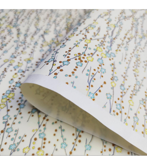 Chiyogami paper of yellow and mint flowers over vanilla yellow