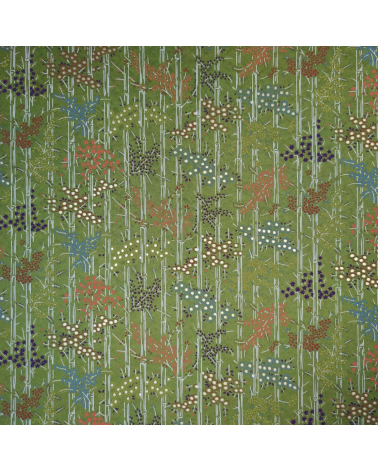 Chiyogami japonés de bambú y flores multicolores sobre verde