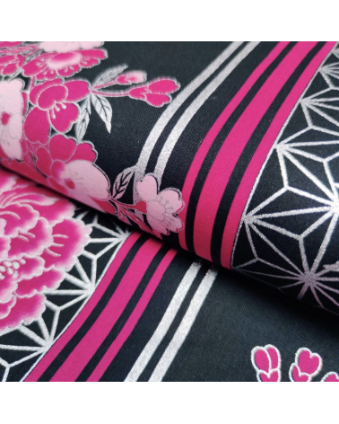 Tela japonesa Flores, aves y listas en fucsia, negro y plata.