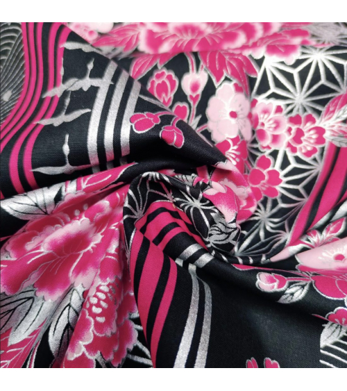 Japanese fabric Flowers, birds and stripes in fuchsia, black and silver.