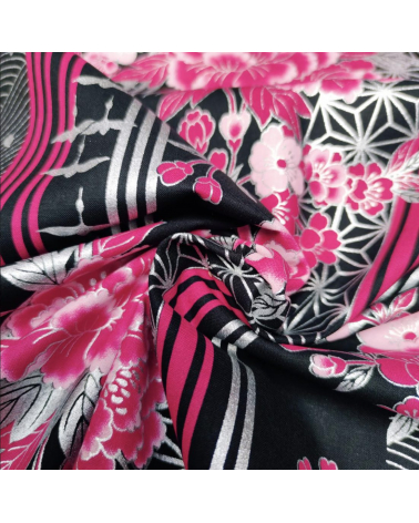 Japanese fabric Flowers, birds and stripes in fuchsia, black and silver.