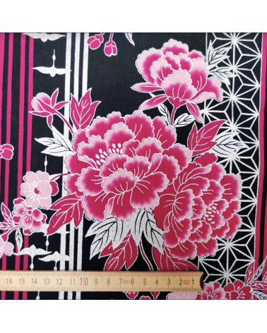 Japanese fabric Flowers, birds and stripes in fuchsia, black and silver.
