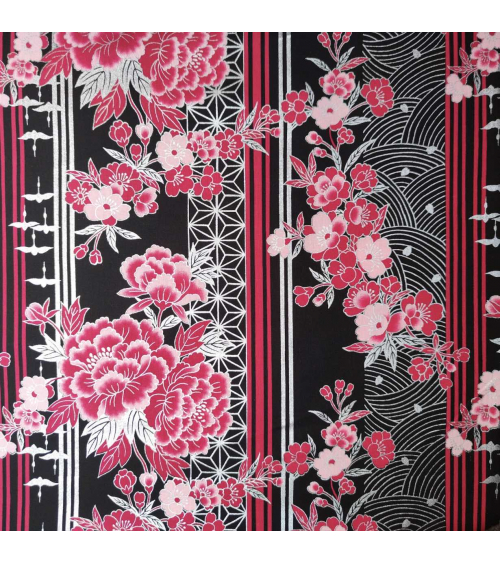 Japanese fabric Flowers, birds and stripes in fuchsia, black and silver.