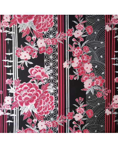 Japanese fabric Flowers, birds and stripes in fuchsia, black and silver.
