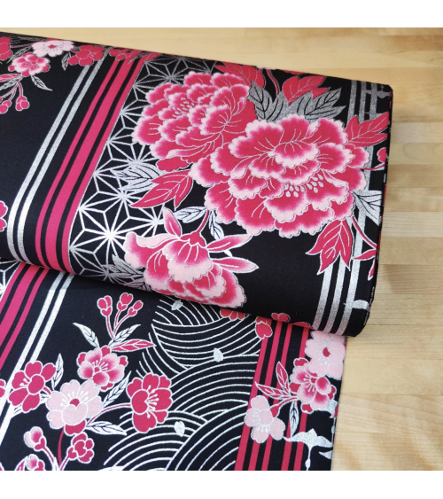 Japanese fabric Flowers, birds and stripes in fuchsia, black and silver.