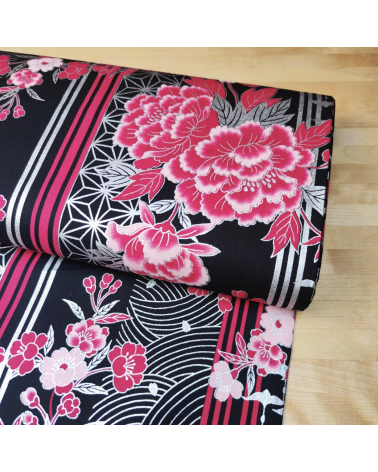 Japanese fabric Flowers, birds and stripes in fuchsia, black and silver.