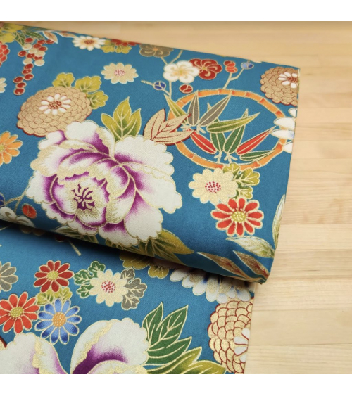 Tela japonesa Flores y bambú en azul turquesa retro.