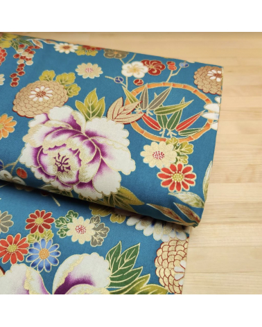 Tela japonesa Flores y bambú en azul turquesa retro.