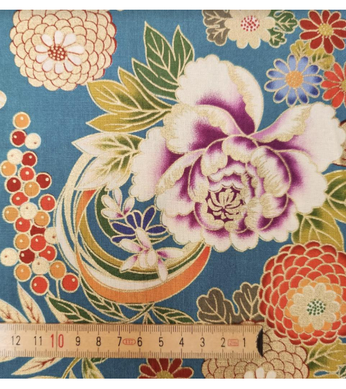 Tela japonesa Flores y bambú en azul turquesa retro.