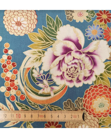 Tela japonesa Flores y bambú en azul turquesa retro.