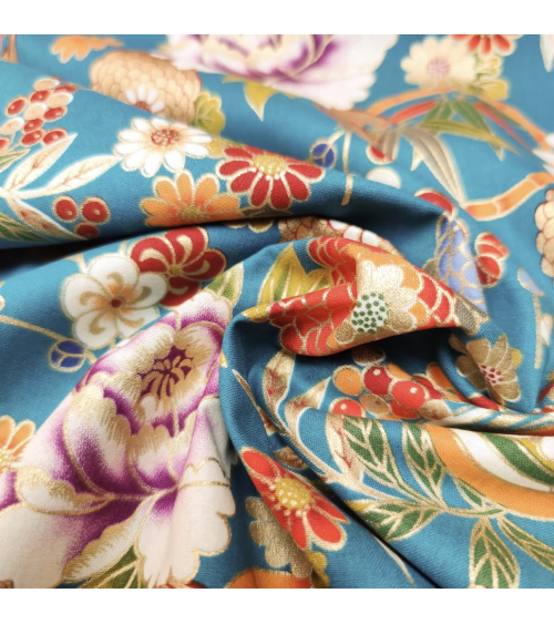 Tela japonesa Flores y bambú en azul turquesa retro.