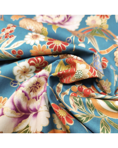 Tela japonesa Flores y bambú en azul turquesa retro.