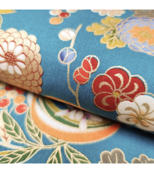 Tela japonesa Flores y bambú en azul turquesa retro.
