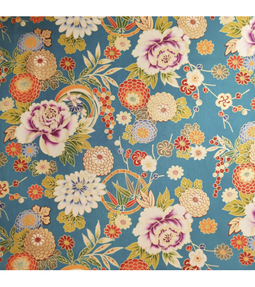 Tela japonesa Flores y bambú en azul turquesa retro.