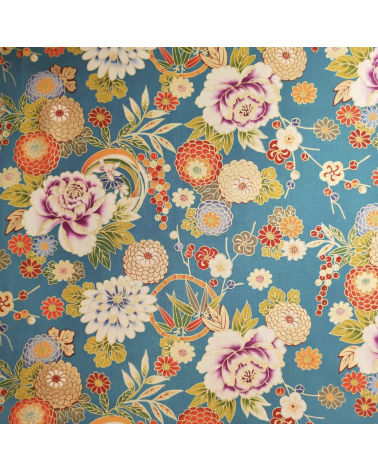 Tela japonesa Flores y bambú en azul turquesa retro.
