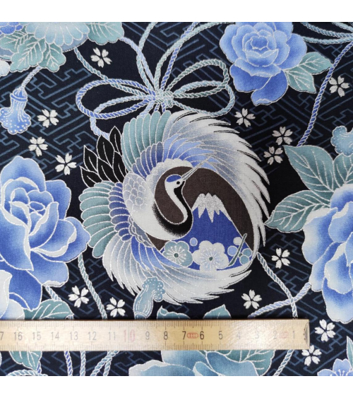 Japanese fabric 'Cranes and Fujisan' in shades of blue and silver